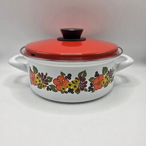 Austria Email Casserole Pot Vintage White Orange Floral‎ Enamelware MCM Cookware